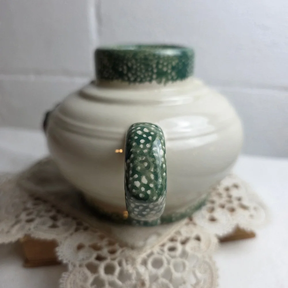 Vintage Ceramic Apple Candle Holder Double Handle Farmhouse Speckled Cream Green